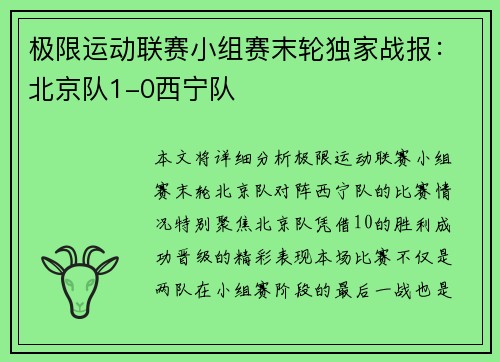 极限运动联赛小组赛末轮独家战报：北京队1-0西宁队